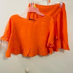 Bright Orange Ruffle Top and Skirt Set